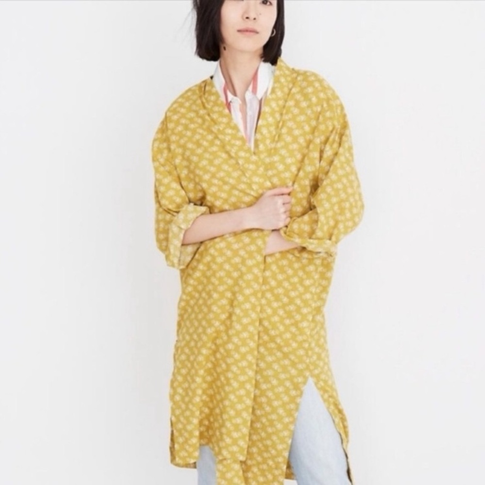 Madewell Short Robe Jacket Size S Mustard Yellow Floral Cotton Kimono 3rd Piece